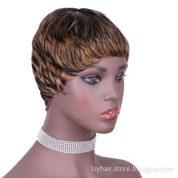 Non Lace Mix Blonde Brown Ombre Color  Short Human Hair Wigs, Pixie Cut Aliexpress Short Non Lace Machine Made Hair Wigs